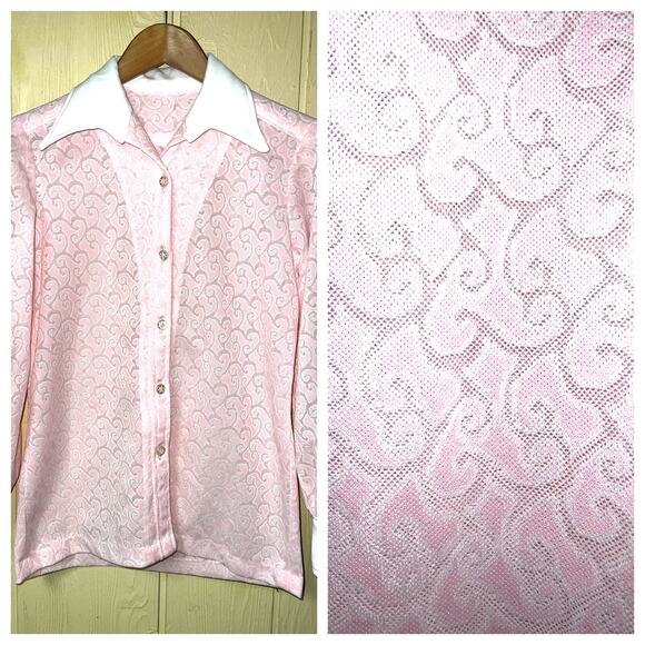 Vintage 70's Shirt Womens Small Pointed Disco Collar Burnout Polyester Button Up - Picture 1 of 9